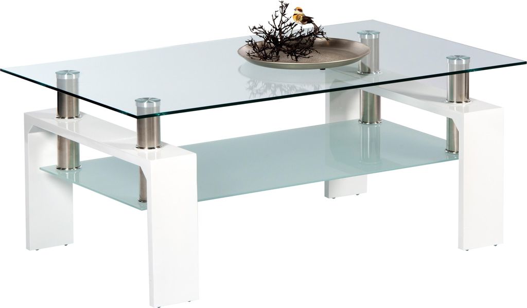 Couchtisch >Mango II< in weiß, Glas, Edelstahl, MDF - 100x46x60cm (BxHxT)