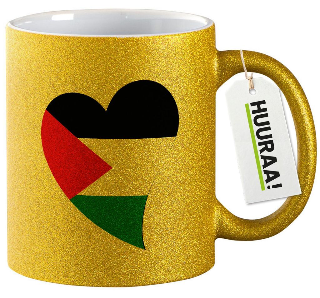 Huuraa Glitzertasse Palästina Flagge Herz 330ml Gold Keramik Kaffeebecher Geschenkidee