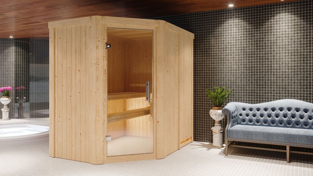 Karibu Sauna Innensauna Carin Eckeinstieg Ofen 9 kW externe Strg easy 196x151x198 cm ohne Dachkranz mit Klarglastür