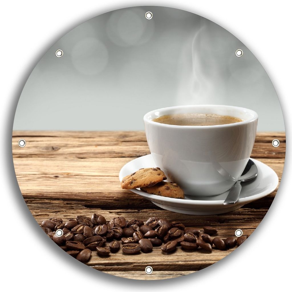 Wallario rundes Outdoor-Poster für Garten oder Balkon, Motiv Heiße Tasse Kaffee mit Kaffeebohnen, 30 cm Durchmesser