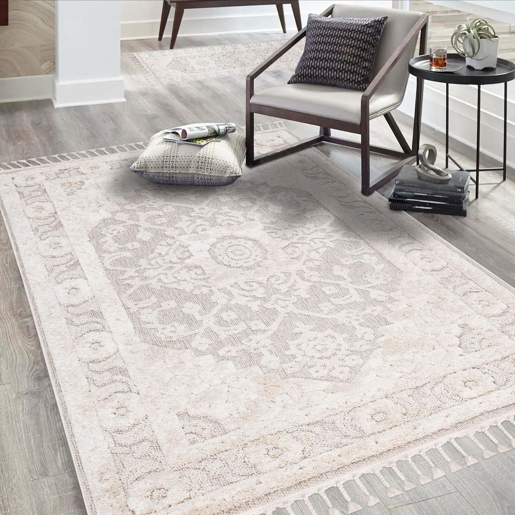 Teppich Wohnzimmer Boho-Stil Creme - 140x200 cm - Ornamente, Bordüre - Relief-Optik, 3D-Effekt