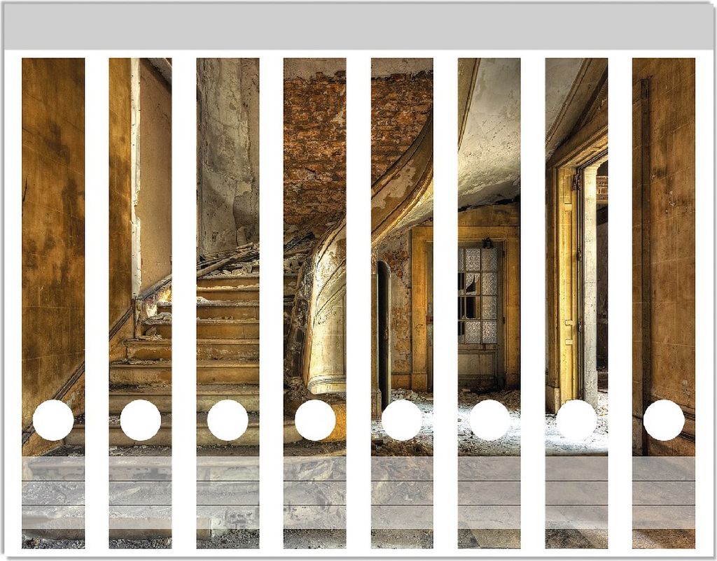 Wallario Ordnerrücken Sticker, selbstklebend für schmale Ordner, 8 Stück, Motiv Massive Steintreppe in herrenlosem Haus