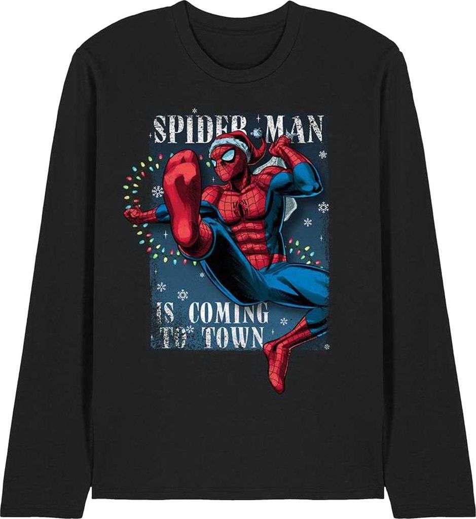 Spider-Man - "Is Coming To Town" T-Shirt für Herren/Damen Uni, weihnachtliches Design, Langärmlig TV26374 (L) (Schwarz)