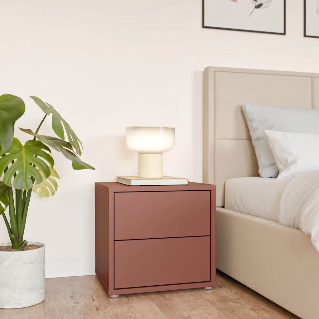 Forte ALICE SPRINGS Nachtschrank 50, modern-minimalistisch, 2 Schubladen, Schlafzimmer, Holzwerkstoff, Terrakotta, 49,8 cm breit x 47,9 cm hoch x 4...