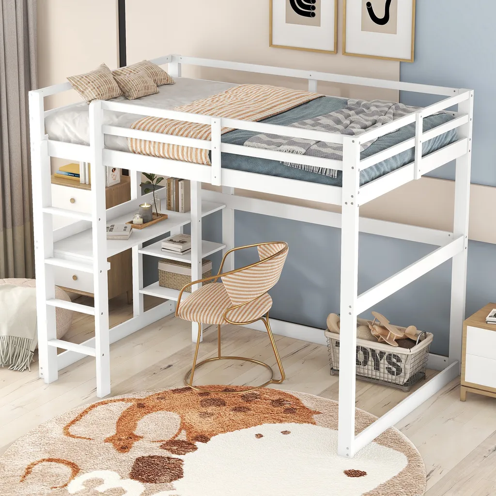 Lit mezzanine gain de place pour chambre d'ado avec bureau blanc