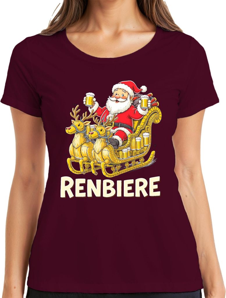 RENBIERE Lustiges Weihnachten Bier Rentier Santa Geschenk Party Damen T-Shirt, Burgundy, 3XL