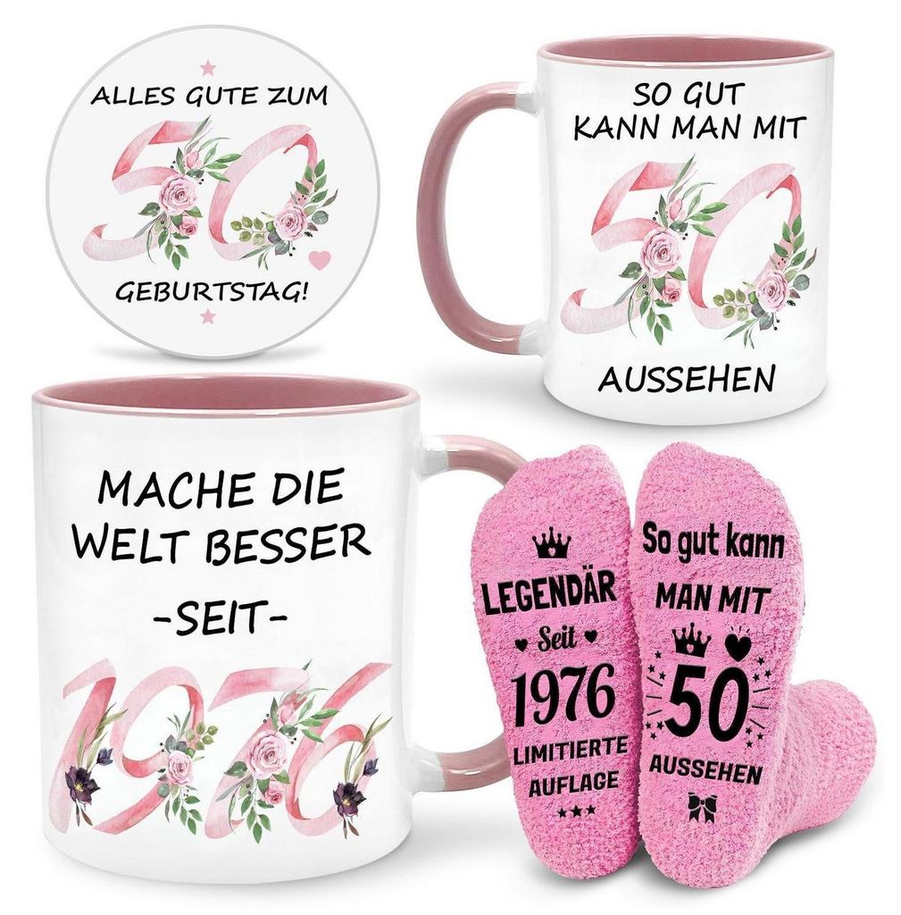 Geschenkset 50. Geburtstag Tasse Socken Untersetzer Rosa Produktbild 