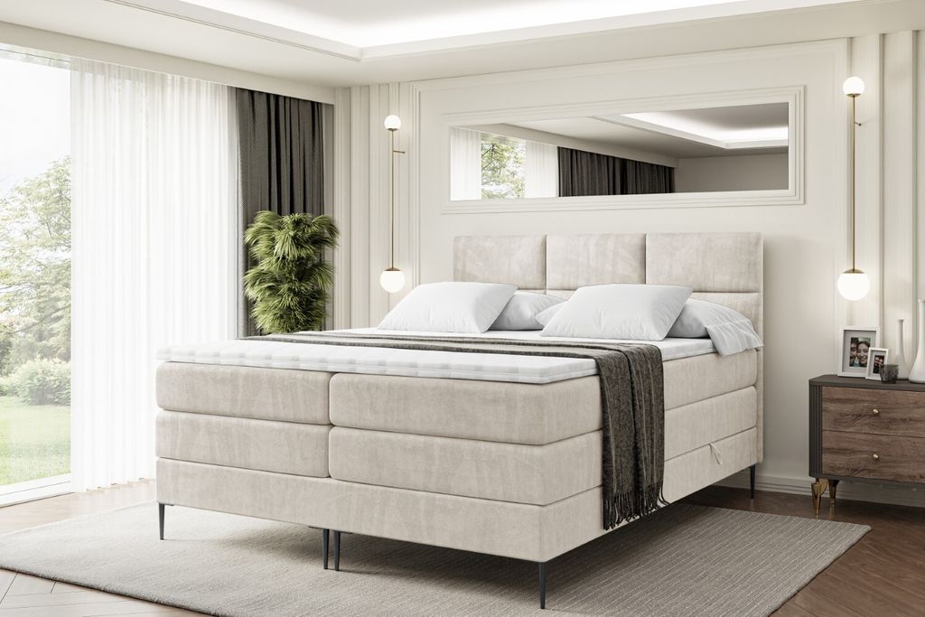 ALTDECOR Boxspringbett mit Schwarz Füßen, Matratze und Lattenrost, Topper, Polsterbett mit Bettkasten, Bett mit Stauraum H3- und H4- Matratze, Do...