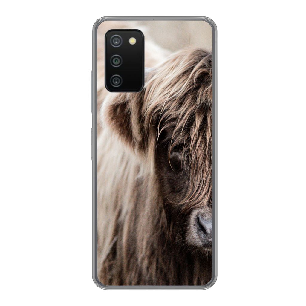 MuchoWow Handyhülle Schutzhülle Hülle für Samsung Galaxy A03s Schottischer Highlander - Kuh - Vlies Silikon Softcase Handy Hülle - Schutz