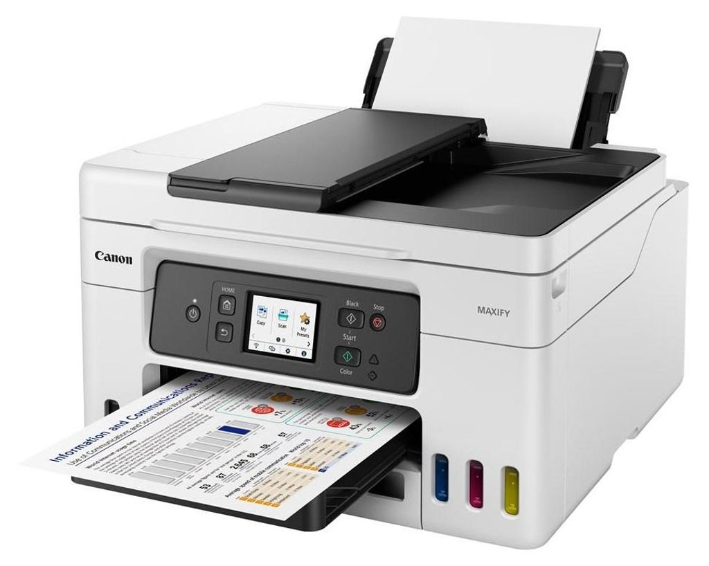 A white Canon MAXIFY GX4040 printer is shown from a slightly elevated front-left angle against a white background. The printer has a paper output tray with a document in it, and an automatic document feeder on top with a paper in it. The printer has a colo