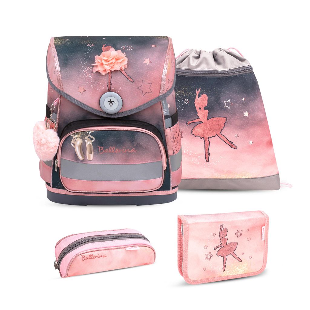 Belmil Compact ergonomisches Schulranzen-Set 4-teilig "Ballerina Black Pink" mit Brustgurt, Magnetve