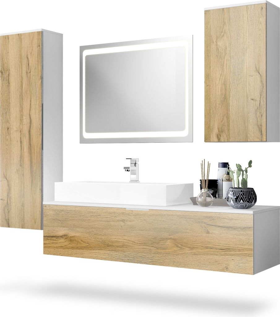 Vladon Badmöbel Komplettset Beach, Germany, Korpus in Weiß matt / Fronten in Eiche Natur, mit LED Spiegel, Aufsatzwaschbecken und Armatur