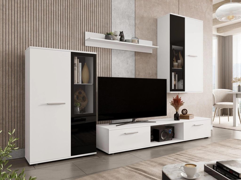 Wohnzimmerwand weiß mit TV-Ständer, Vitrine, Hängevitrine und Regal