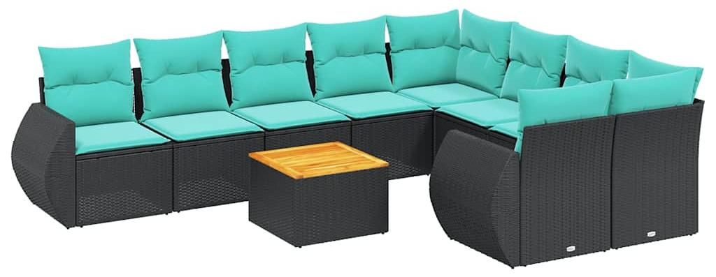 vidaXL 10-teiliges Gartensofa-Set mit Kissen, schwarzes Polyrattan