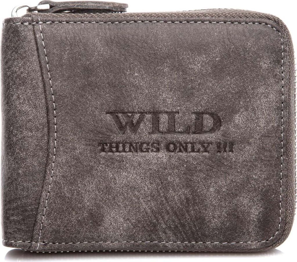 WILD Herren-Geldbörse, klassisches Design, robustes Leder, rundum Reißverschluss, RFID-Schutz, Grau