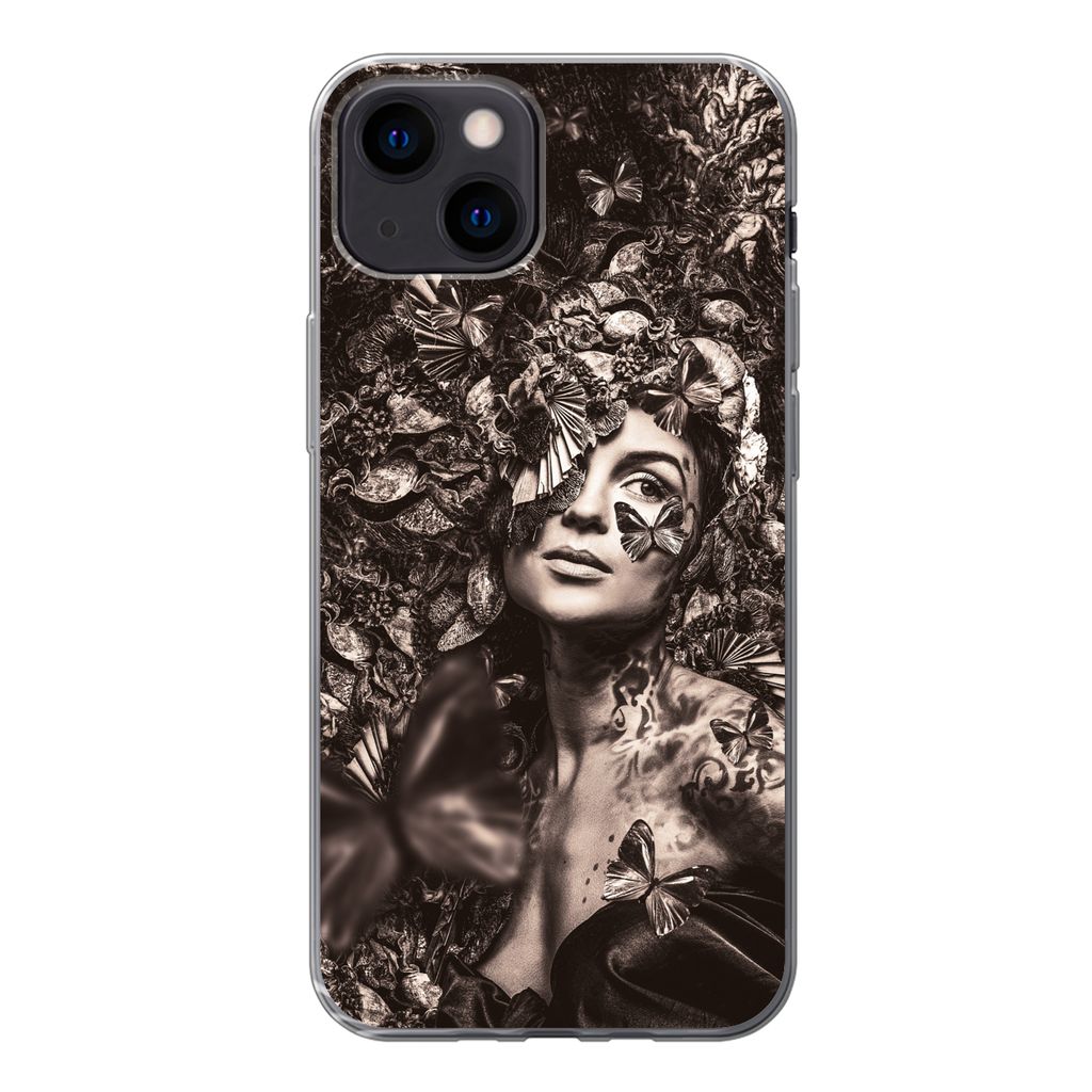 MuchoWow Handyhülle Schutzhülle Hülle für iPhone 13 mini Frau - Tiere - Pflanzen Silikon Softcase Handy Hülle - Softcase