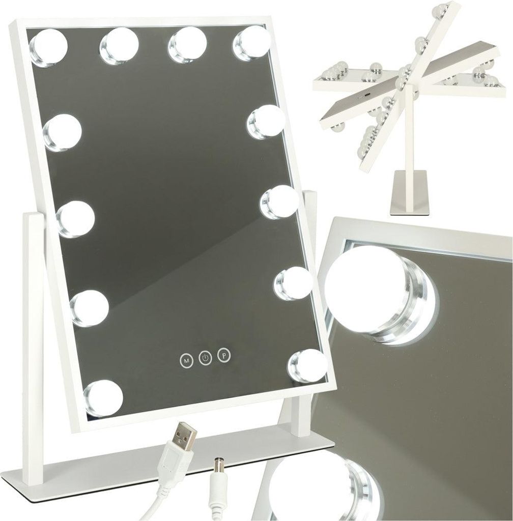 A white LED makeup mirror with lights is shown from multiple angles, including a close-up of a light bulb and a view of the adjustable light bar.