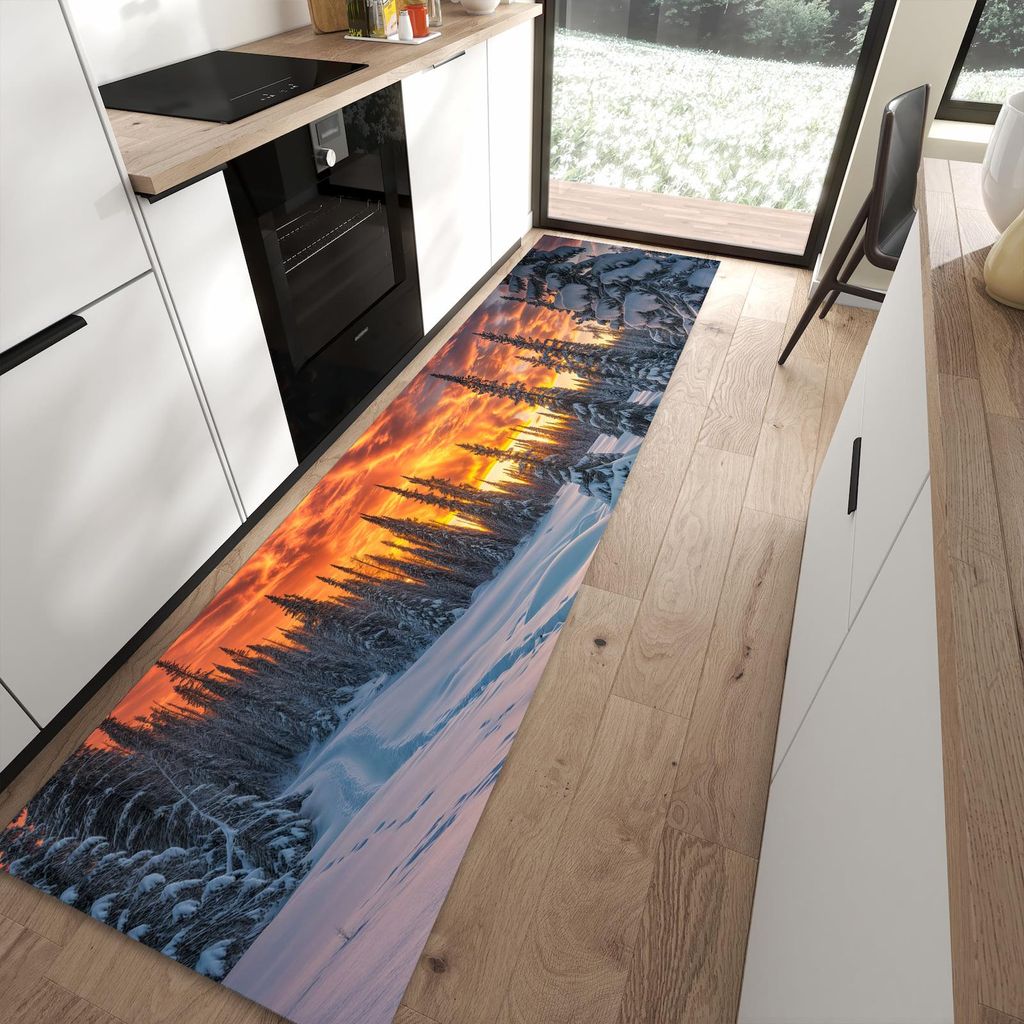 Küchenteppich 80x300cm rutschfest & abwischbar PVC Läufer - Winter Sonnenuntergang