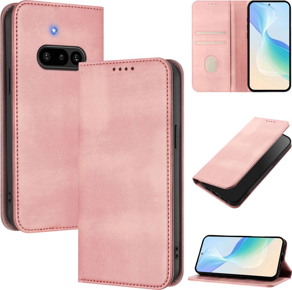 Handyhülle für Nothing Phone (3a), Vintage Leder RFID Schutz Kartenfach Standfunktion Magnetische Klapphülle Pink