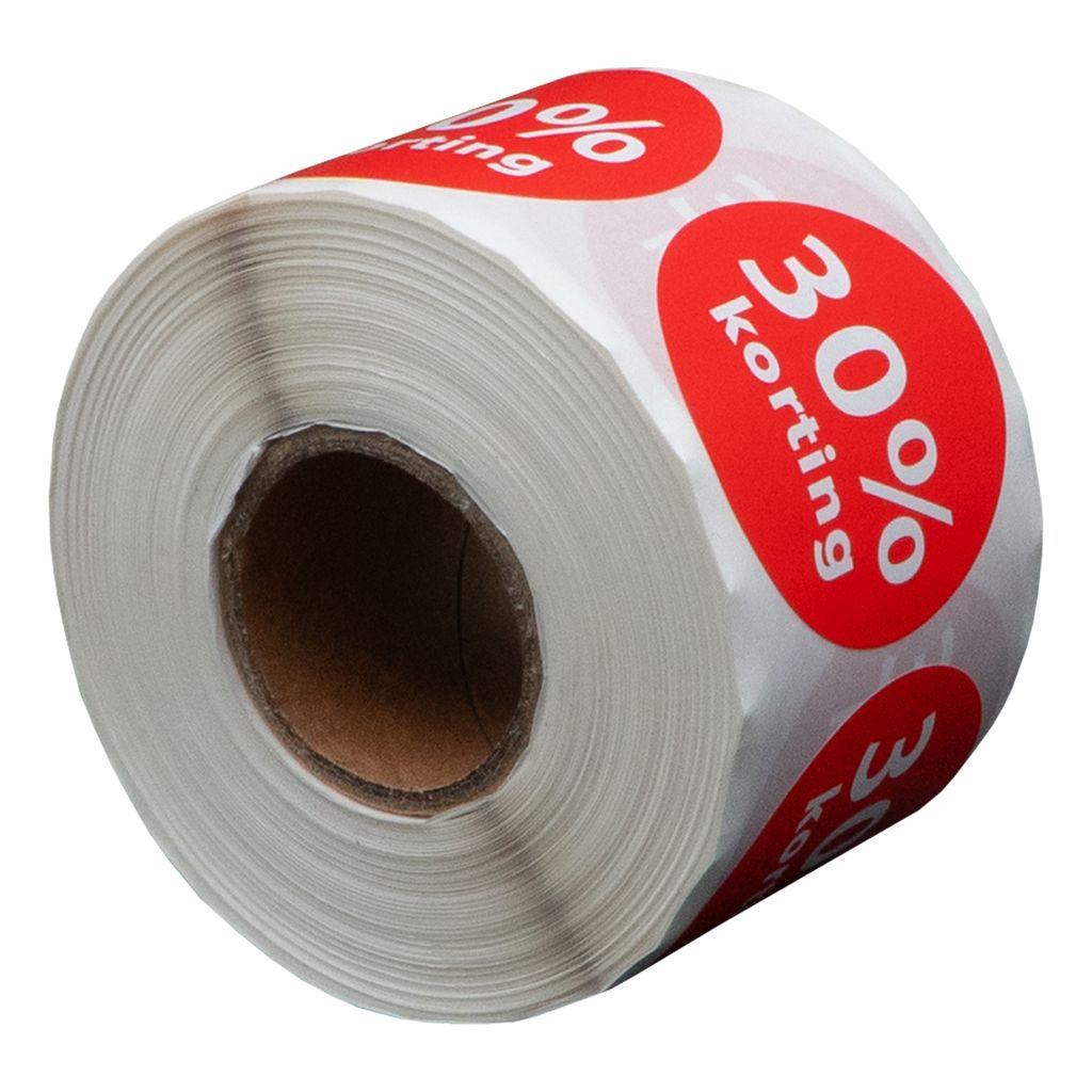 500 Etiketten Rund 30% Rabatt Rot - 35 mm auf Rolle - Rabattaufkleber - Werbeaufkleber - Runde Aufkleber - DULA