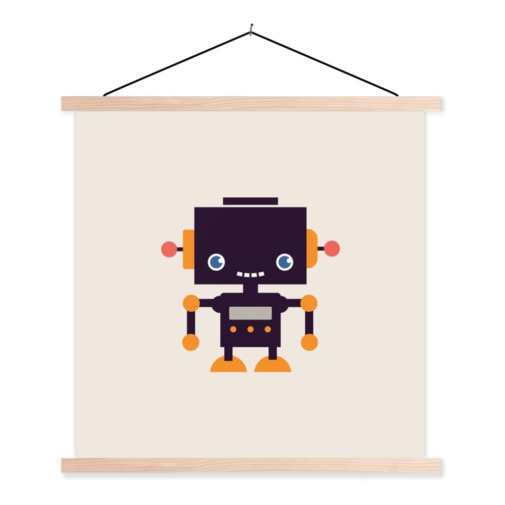MuchoWow Textilposter Roboter - Antenne - Orange - Beige - Kind - Kinder 120x120 cm mit holzfarbenen Rahmen - Textil-Poster