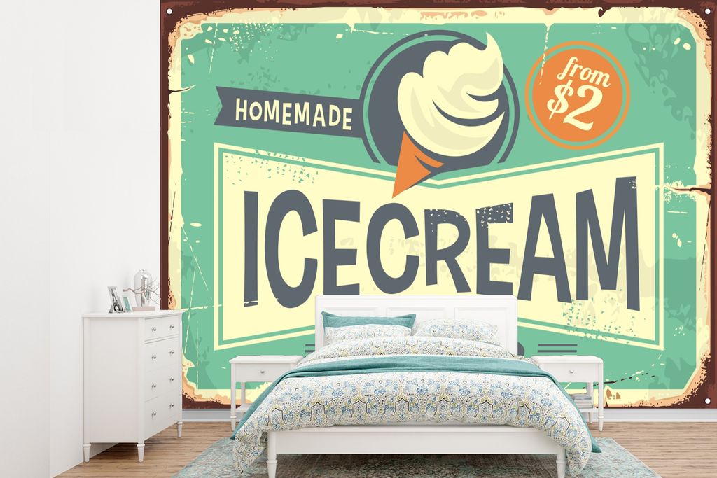 MuchoWow Fototapete für Wohnzimmer oder Schlafzimmer Wandtapete Vinyl Motivtapete Eis - Vintage - Teller - Zitat - 360x260 cm - Wohnzimmer tapete