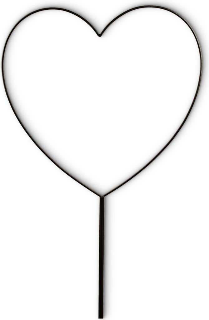 A black metal heart-shaped garden stake on a white background.