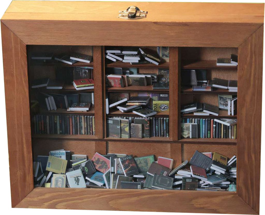 Mini-Bücherregal zur Angstlinderung, realistisches Miniatur-Bücherregal-Ornament mit 300 Stück Mini-Büchern, Holzsimulation, Mini-Bücherregal ...