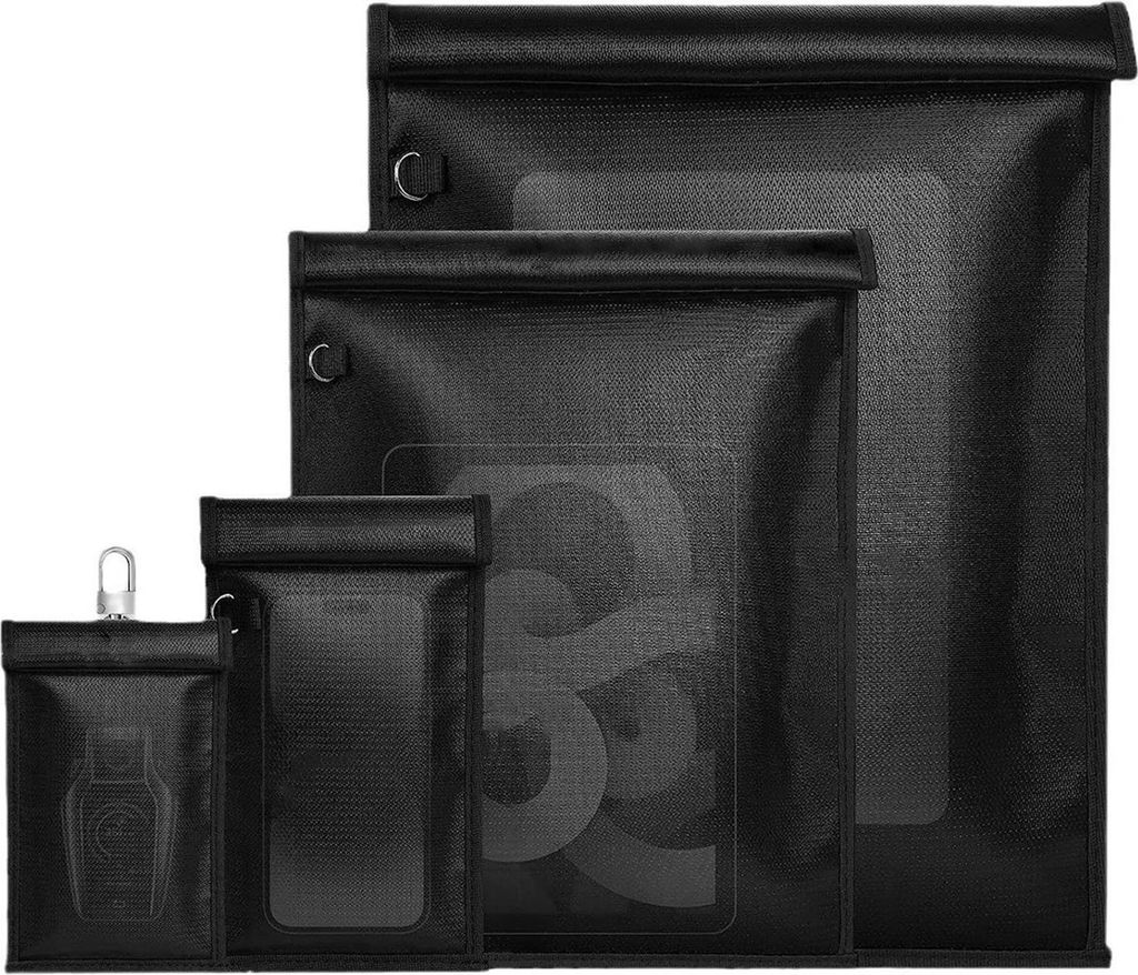 Four black Faraday bags of varying sizes are displayed side-by-side against a white background.