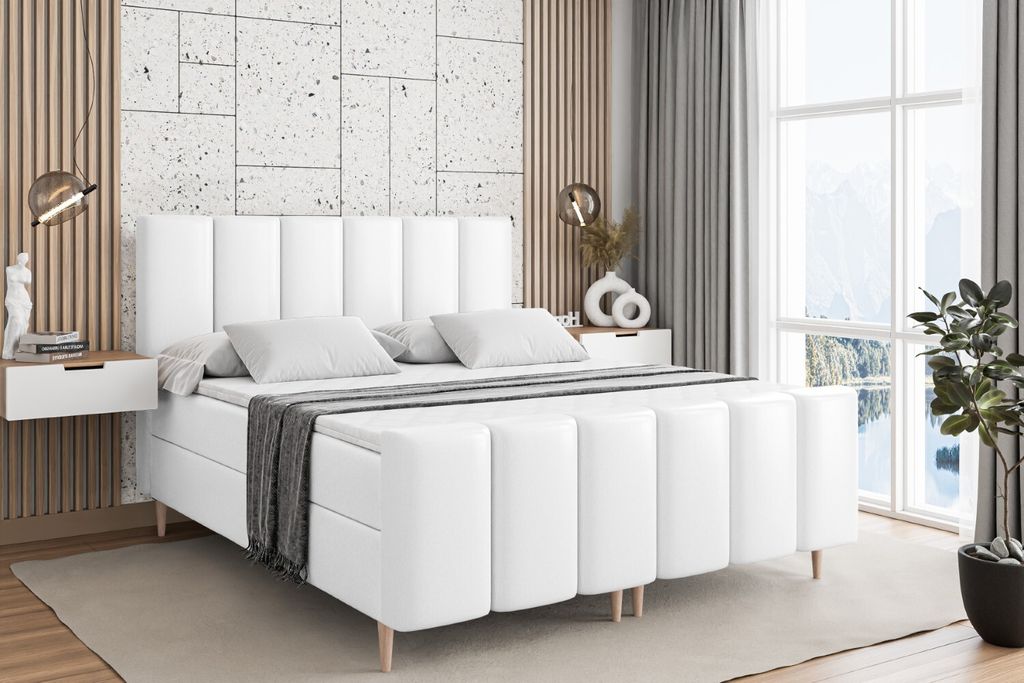 ALTDECOR Boxspringbett mit Holz Füßen, Matratze und Lattenrost, Topper, Fußteil, Polsterbett mit Bettkasten, Bett mit Stauraum H4-Matratze, Dopp...