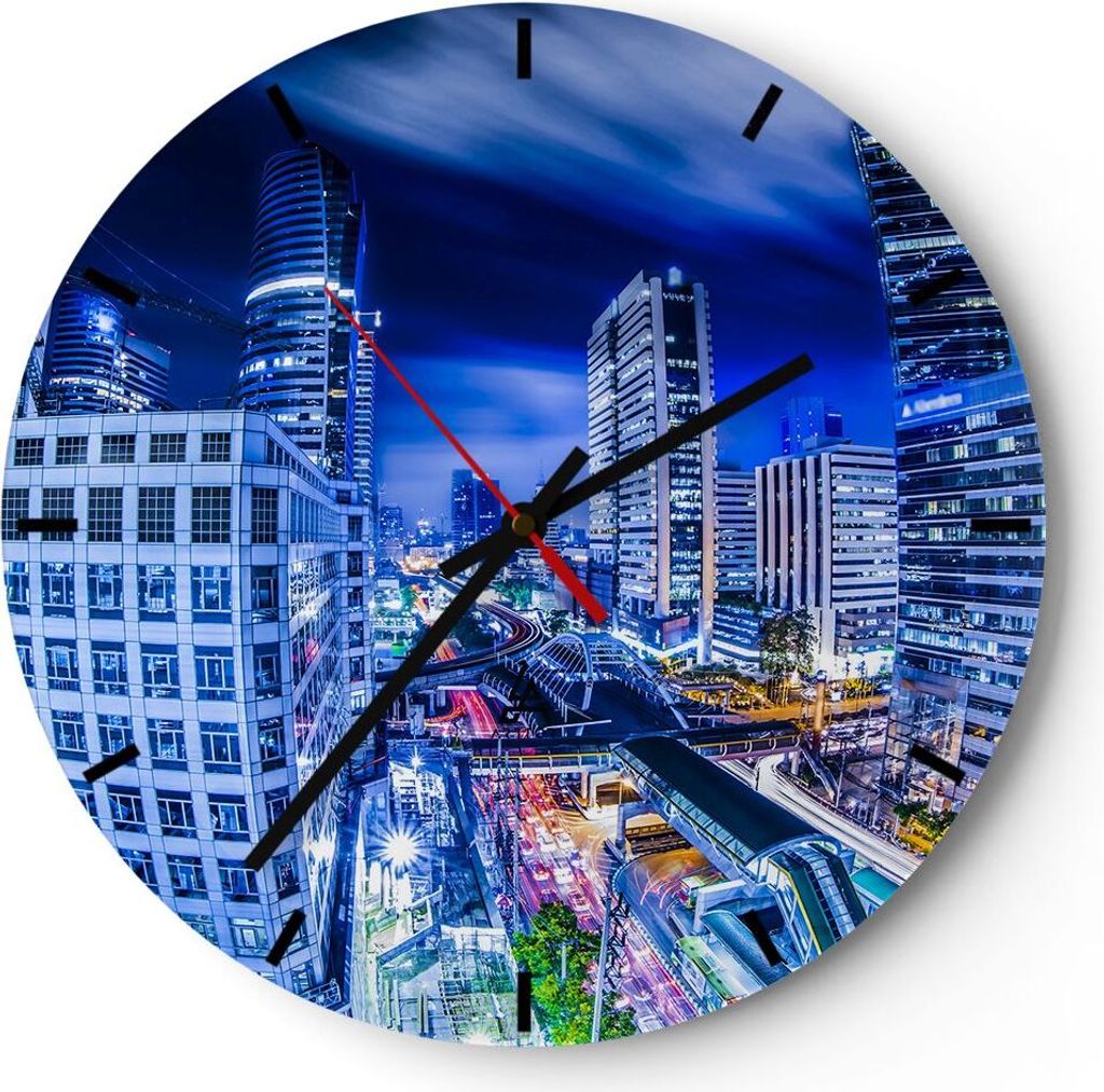 Wanduhr - Rund - Glasuhr - Asien bangkok stadt architektur - 40x40cm - Schleichendes Uhrwerk - Lautlos - zum Aufhängen bereit - Dekoration Modern ...