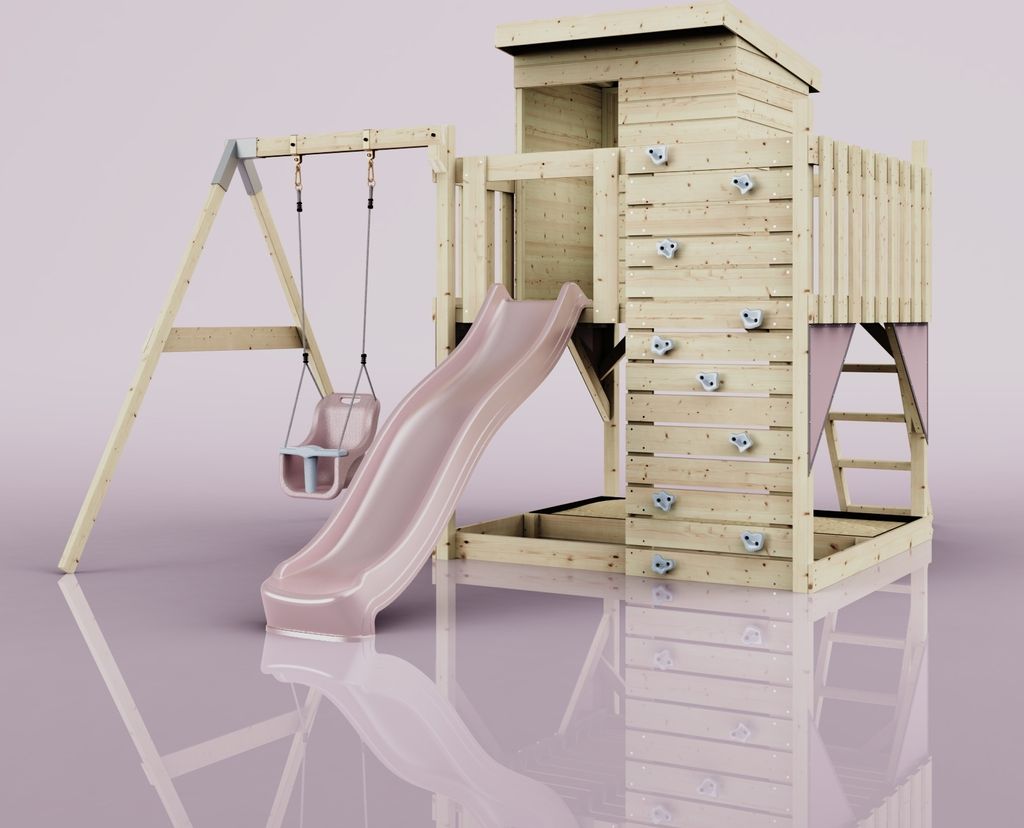 OutdoorToys Spielturm Alma aus Holz in Rosa Altrosa, mit Babyschaukel