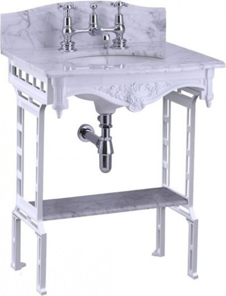 Casa Padrino Luxus Jugendstil Stand Waschtisch Weiß / Weiß mit Marmorplatte mit Spritzschutz hinten und Ablage Barock Waschbecken Barockstil Anti...