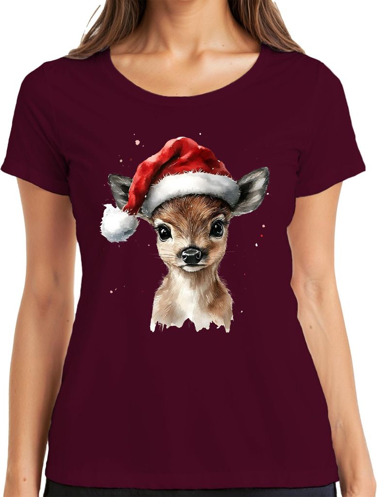 Rehkitz Weihnachten Santa Aquarell niedlich Geschenk Winter Damen T-Shirt, Burgundy, M