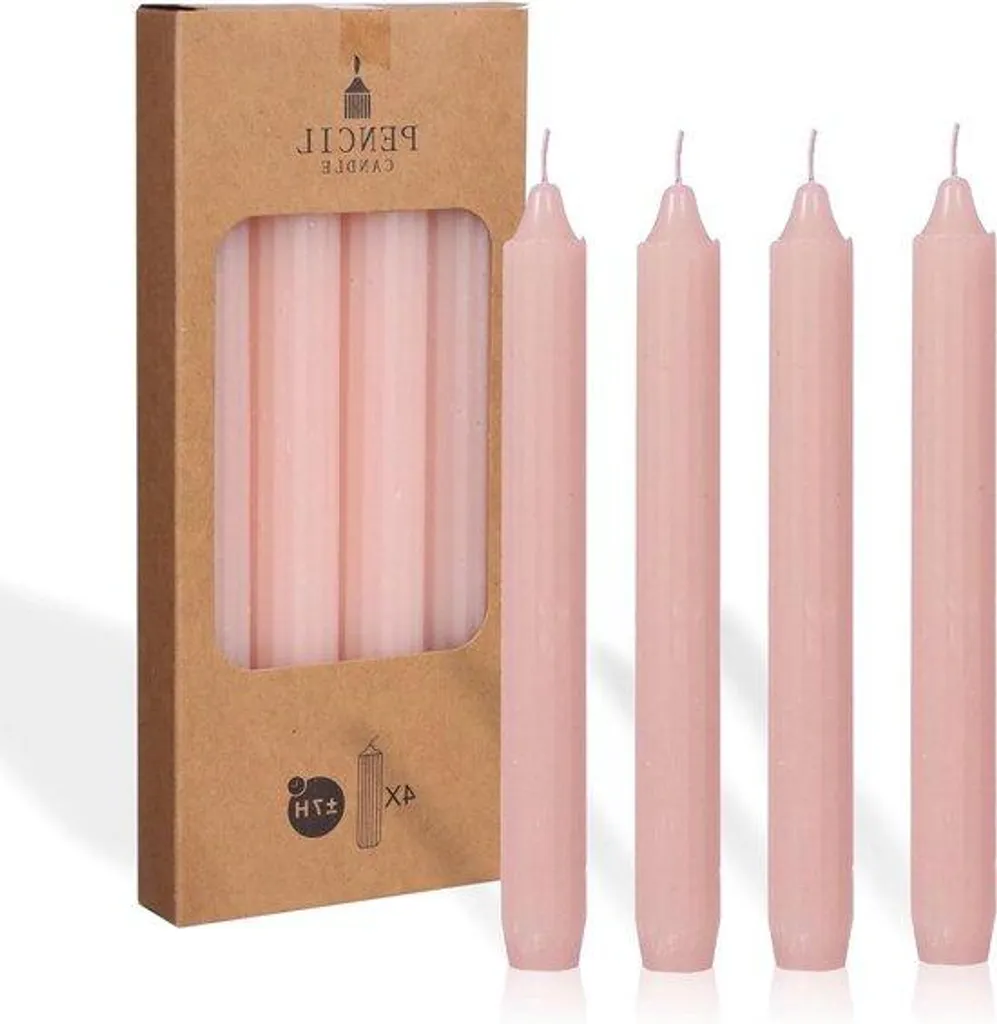 Lot de bougies de table roses 20 cm lisses et nervurées - Set de 12 pièces