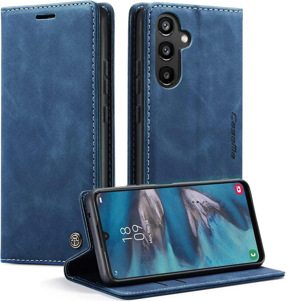 Cover Samsung A34 5G per Bambini e Famiglia - Pelle Blu Antiurto Flip