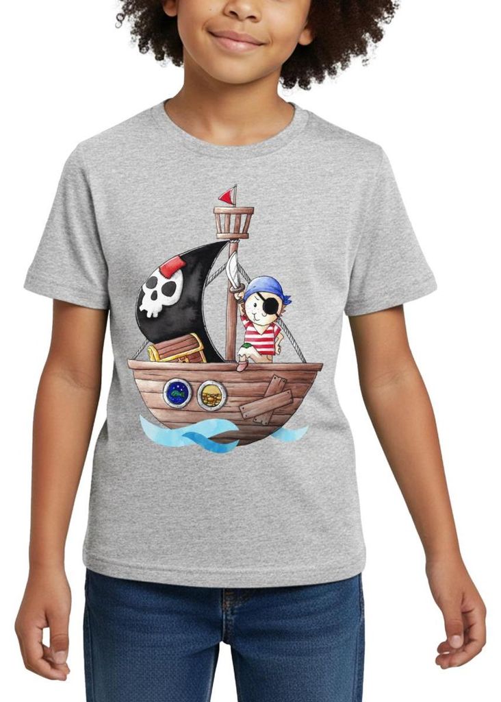 Spreadshirt Kleiner Pirat Mit Seinem Schiff Kinder T-Shirt, 110/116 (5-6 Jahre), Grau meliert