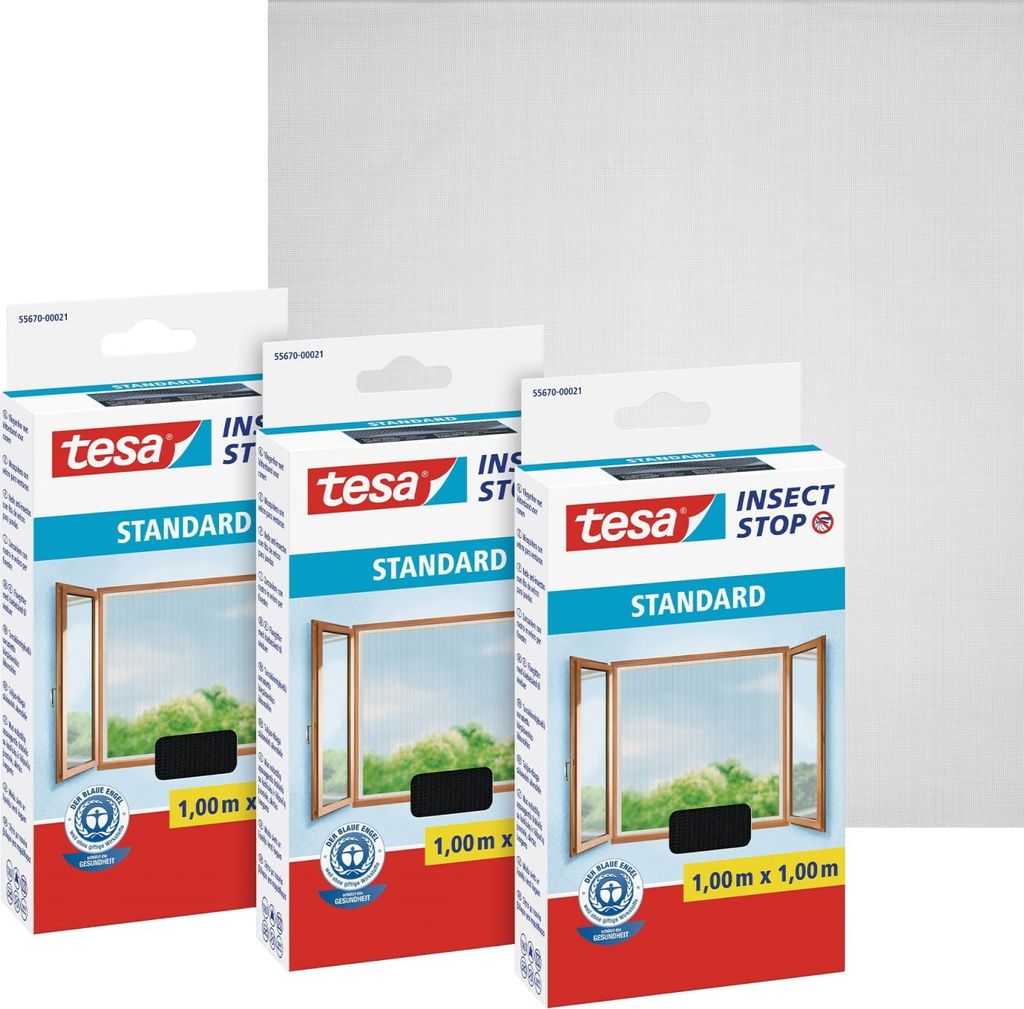 tesa 3x Fliegengitter Standard Insektenschutz Fenster ohne Bohren grau 1 x 1 m