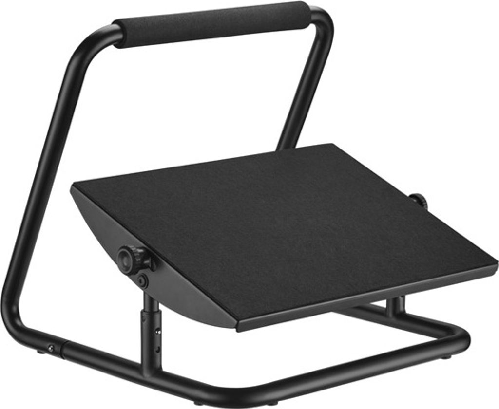 A black metal footrest with a padded handle.