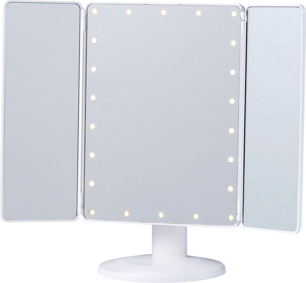 A white LED cosmetic mirror with a stand is shown against a white background.