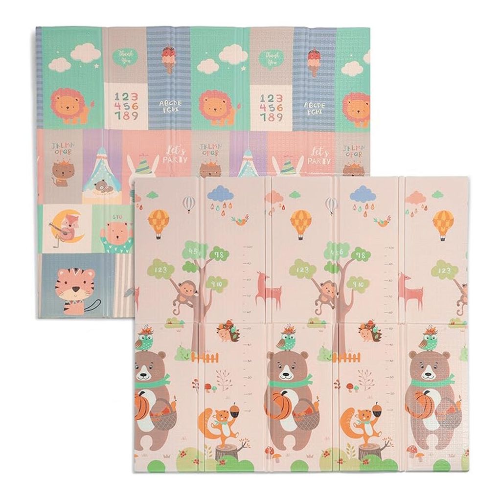 Faltbare Krabbelmatte Baby XXL 180x200x1.5cm - Tiermotive/Cremefarben, beidseitig