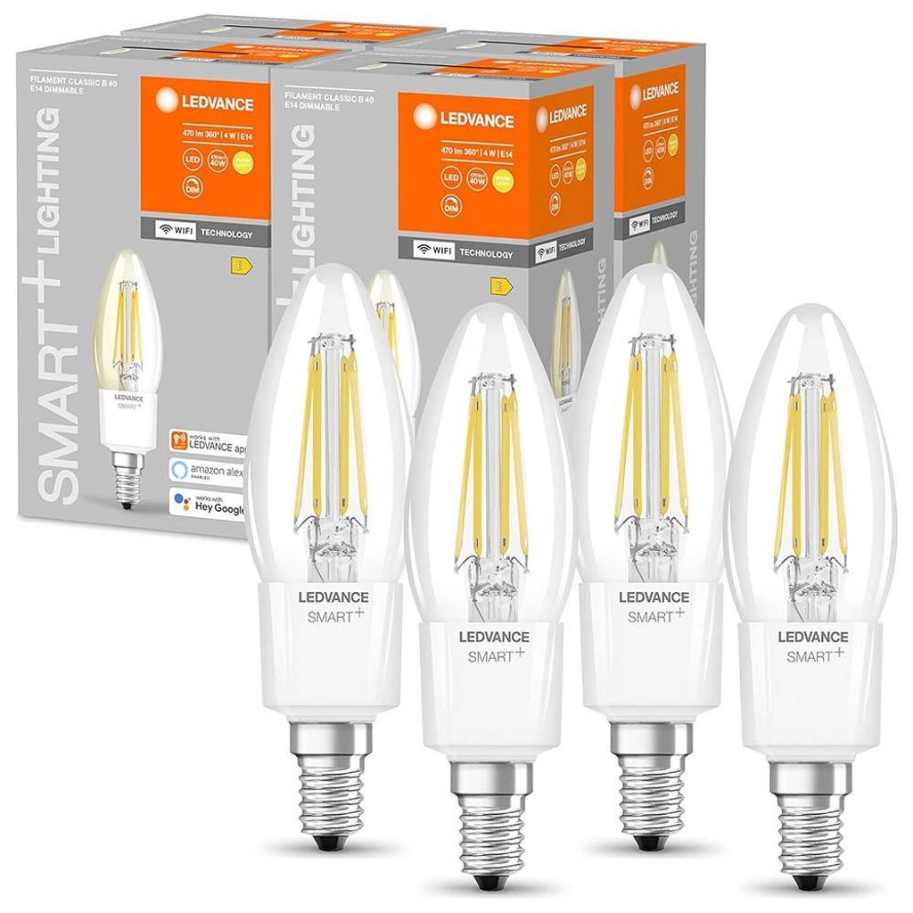 4 x Ledvance LED Smart+ Kerze 4W = 40W E14 klar 470lm warmweiß 2700K Dimmbar App Google Alexa WiFi