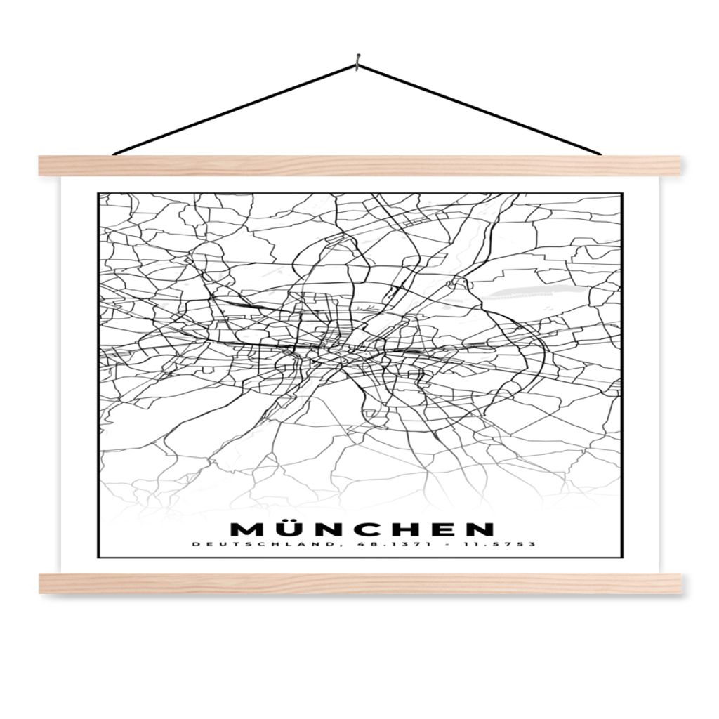 MuchoWow Textilposter München - Karte - Stadtplan 60x40 cm mit holzfarbenen Rahmen - Bilder