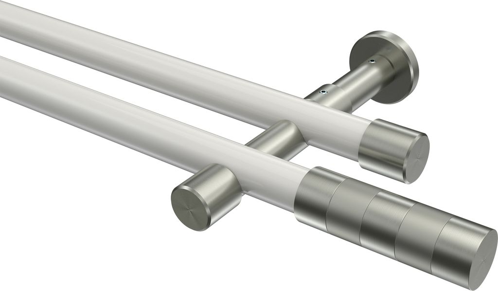 Interdeco Gardinenstange / Vorhangstange Weiß / Edelstahl-Optik, Typ Prestige Mavell (Zylinder Bicolor) ohne Ringe, 20 mm Ø 2-läufig, 360 cm