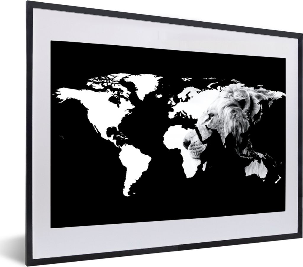 MuchoWow MuchoWow Gerahmtes Poster Weltkarte - Schwarz - Weiß - Löwe 60x40 cm - Poster mit zchwarzem Bilderrahmen - Schlafzimmer - Plakat in ...