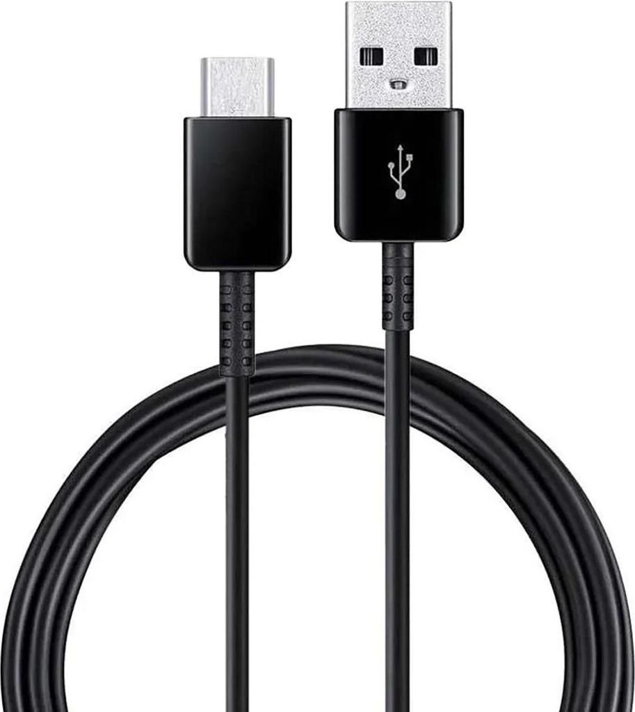A black USB-A to USB-C cable is shown against a white background.