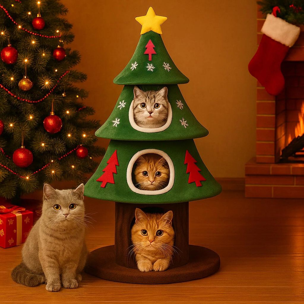 Kratzbaum - CAT TREE-A - Weihnachtsbaum-Design - 2 Ebenen - Holz - Kratzsäulen & Spielball - Katzenhaus - Grün