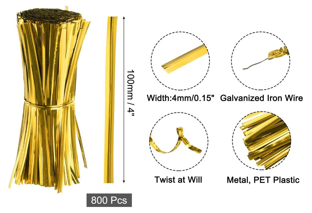 800 Stš¹ck 4" Twistbinder Metallik Twist Ties Wiederverwendbar Plastik Beschichtet Verdrehte Kabelbinder fš¹r B?ckerei Gold