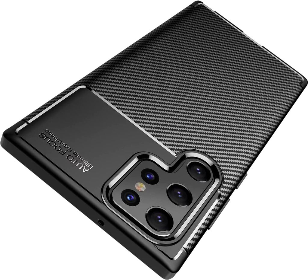 A close-up, angled view of a black smartphone case with a carbon fiber texture on the upper portion and a camera cutout on the lower portion.