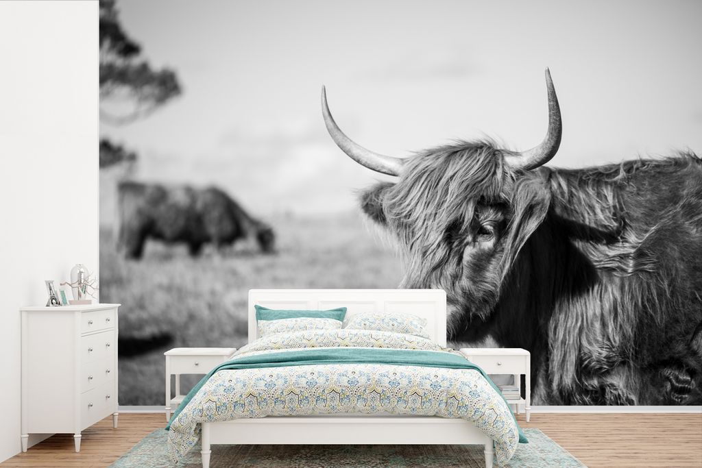 MuchoWow Fototapete für Wohnzimmer oder Schlafzimmer Wandtapete Vinyl Motivtapete Schottischer Highlander - Tiere - Schwarz - Weiß - 420x280 cm...